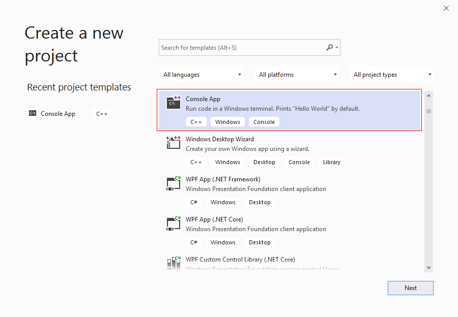 vs CreateANewProject ConsoleApp