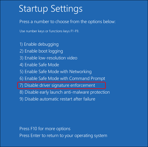 m01 Start Settings DisableDriverSigEnforcement