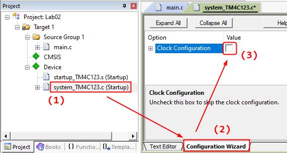 system TM4C C UncheckClockConfig